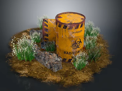 Yellow Radioactive Danger Barrel With Warning Signs On Deserted Ground With Weeds And Stones 3d model