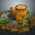 Yellow Radioactive Danger Barrel With Warning Signs On Deserted Ground With Weeds And Stones
