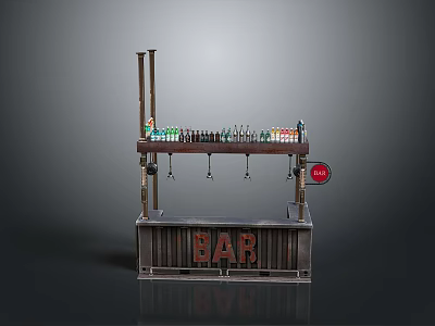 Rustic Style Bar Counter With BAR Sign And Various Bottles Display Setup 3d model