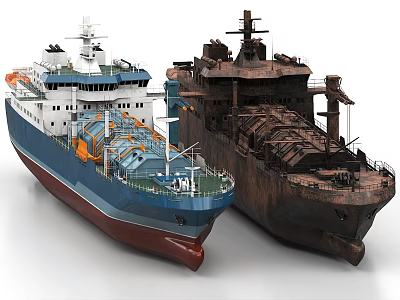 New Modern Blue White Ship and Old Rusty Ship Side by Side 3d model