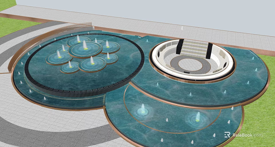 Modern Circular Tiered Fountain With Multiple Water Jets And Surrounding Steps 3d model 