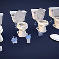Various Toilet Designs With Open And Closed Lids And Flushing Components 3d model