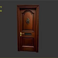 Red Wooden Door With Ornate Circular Medallion And Golden Handle Design