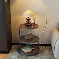 Modern Two Tier Metal Side Table With Table Lamp Woven Basket And Sofa In Cozy Room