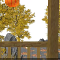 Traditional Pavilion with Red Lanterns Yellow Ginkgo Trees Autumn Leaves Stone Path Umbrella Rabbit Decoration