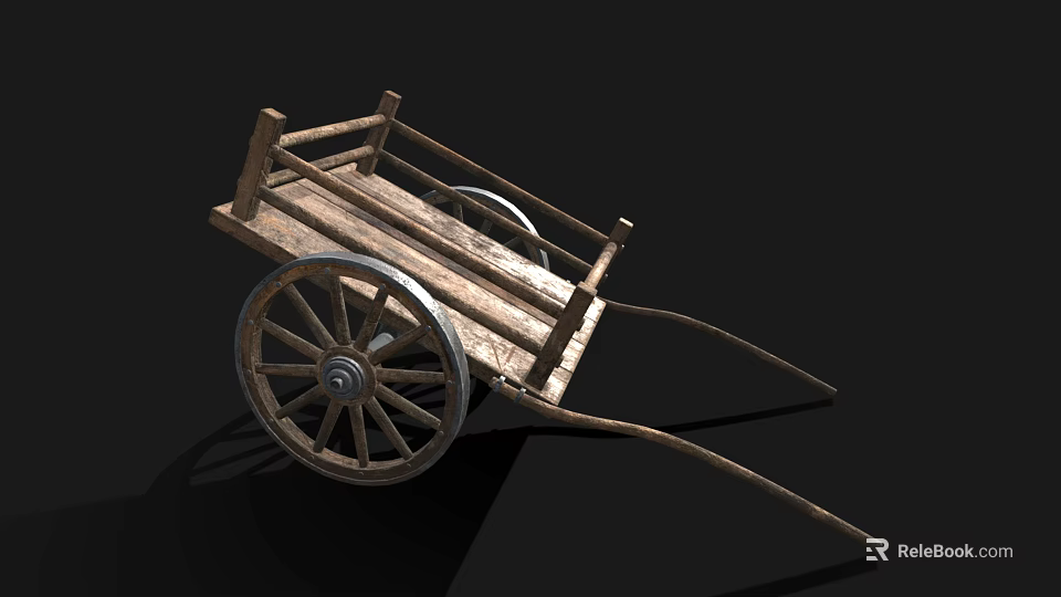 Vintage Wooden Cart With Large Spoked Wheels And Rustic Wooden Structure 3d model 
