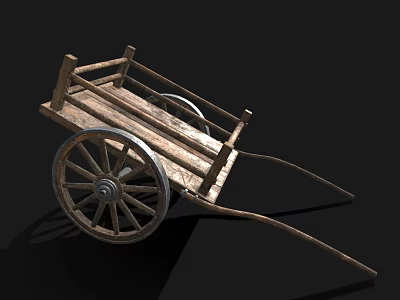 Vintage Wooden Cart With Large Spoked Wheels And Rustic Wooden Structure 3d model