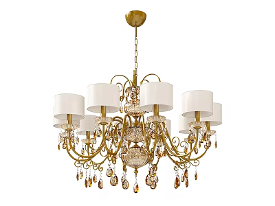 Elegant Gold Chandelier With Classic Design White Shades And Crystal Pendants 3d model