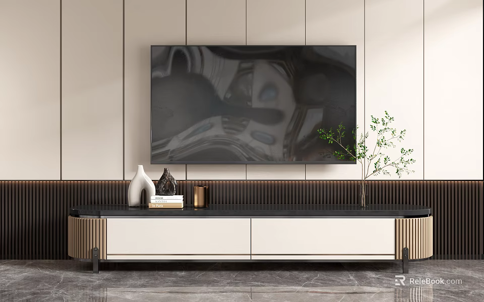 Modern TV Stand With Black White Gold Trim Decorations Green Plant And Mounted Large TV 3d model 