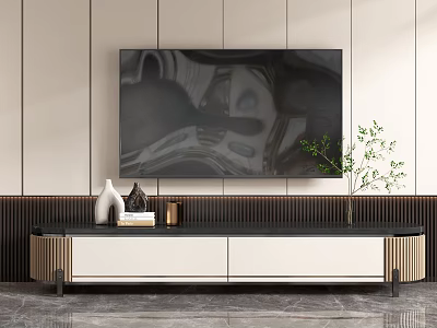 Modern TV Stand With Black White Gold Trim Decorations Green Plant And Mounted Large TV 3d model