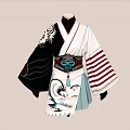 Traditional White Kimono With Black Sleeves Red Stripes Blue Sash And Dragon Design