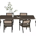 Modern Dining Table Set with Woven Chairs Rectangular Wooden Table and Decorative Vase 3d model