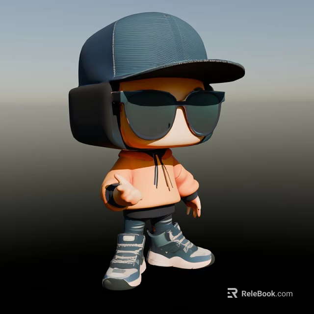 A Stylish Man Wearing Blue Mesh Cap Black Sunglasses Orange Hoodie And Gray Sneakers 3d model 