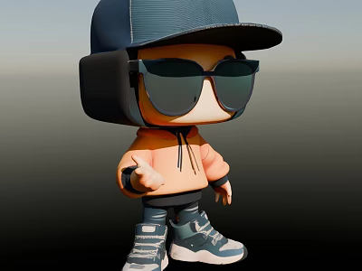 A Stylish Man Wearing Blue Mesh Cap Black Sunglasses Orange Hoodie And Gray Sneakers 3d model