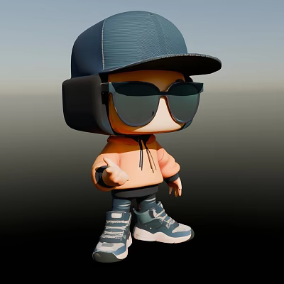 A Stylish Man Wearing Blue Mesh Cap Black Sunglasses Orange Hoodie And Gray Sneakers 3d model