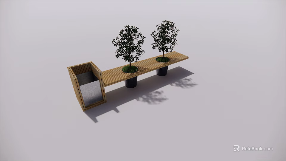 Wooden Outdoor Landscape Bench With Potted Trees And Backrest Design 3d model 
