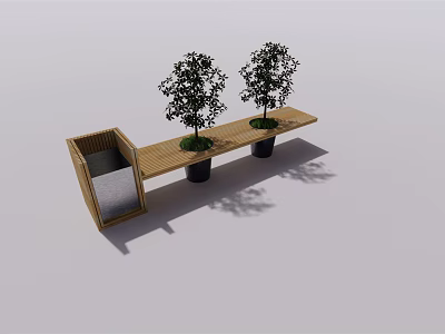 Wooden Outdoor Landscape Bench With Potted Trees And Backrest Design 3d model