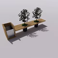 Wooden Outdoor Landscape Bench With Potted Trees And Backrest Design