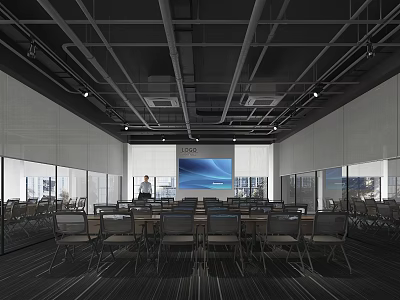 Modern Conference Room With Arranged Chairs Large Screen Glass Walls And Exposed Ceiling Pipes 3d model