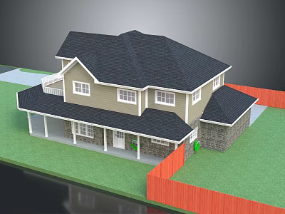 Two Story Detached House With Black Roof Light Siding Front Porch And Red Fence 3d model