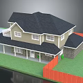 Two Story Detached House With Black Roof Light Siding Front Porch And Red Fence