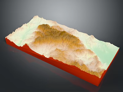 3D Topographic Landscape Featuring Mountain Ranges Green Lowlands And Red Base Terrain 3d model