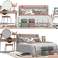 Double Bed With Pink Tufted Headboard White Sheets Stuffed Toys Pink Dressing Table And Stools