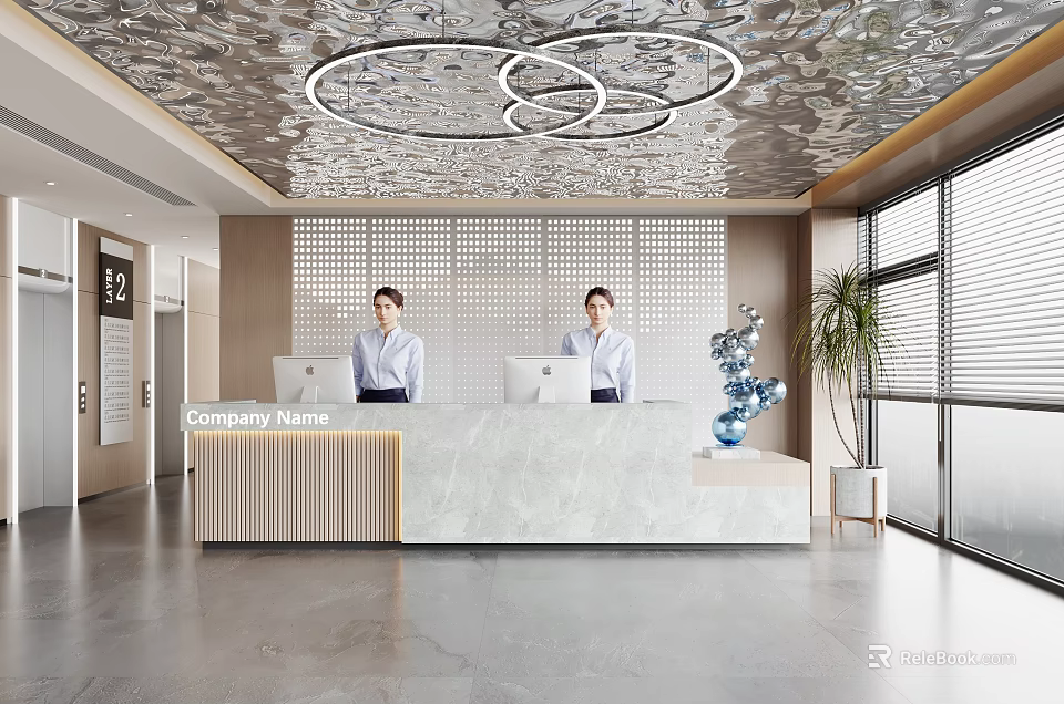 Modern Office Reception Desk With Two Receptionists In White Shirts And Marble Countertop 3d model 