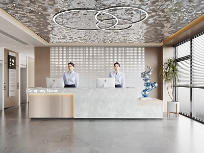 Modern Office Reception Desk With Two Receptionists In White Shirts And Marble Countertop 3d model