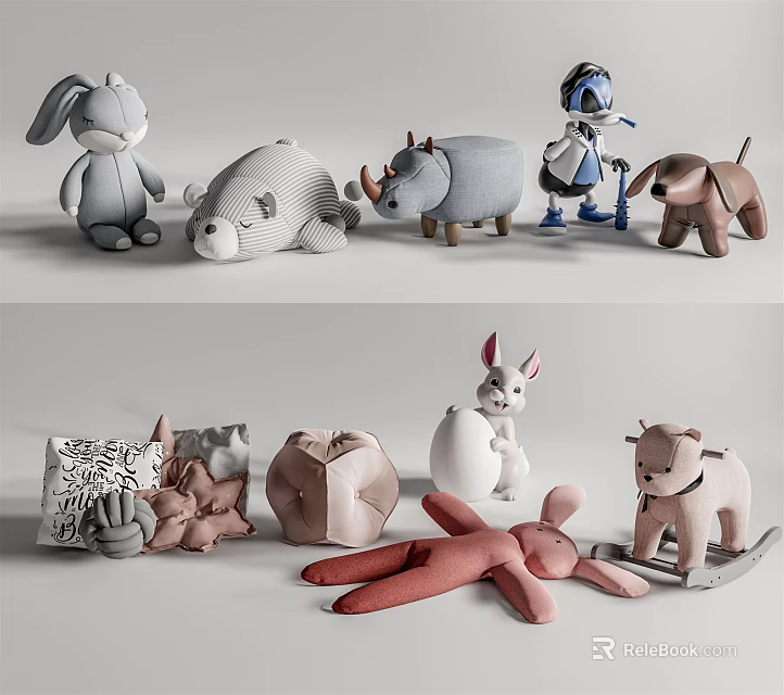 Plush Stuffed Animal Toys Collection With Rabbit Rhino Dog Pig Designs 3d model 