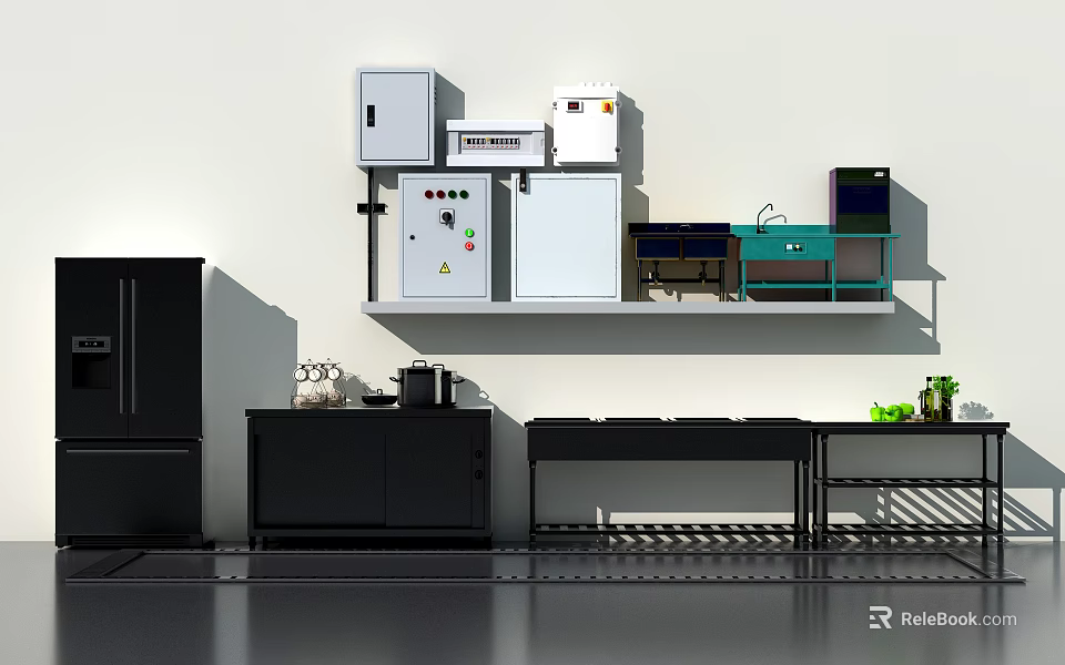 Kitchen Utensils Setup With White Cabinets Appliances Control Panel Black Cabinets Countertop And Green Plants 3d model 