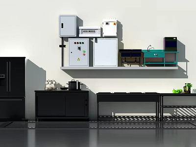 Kitchen Utensils Setup With White Cabinets Appliances Control Panel Black Cabinets Countertop And Green Plants 3d model