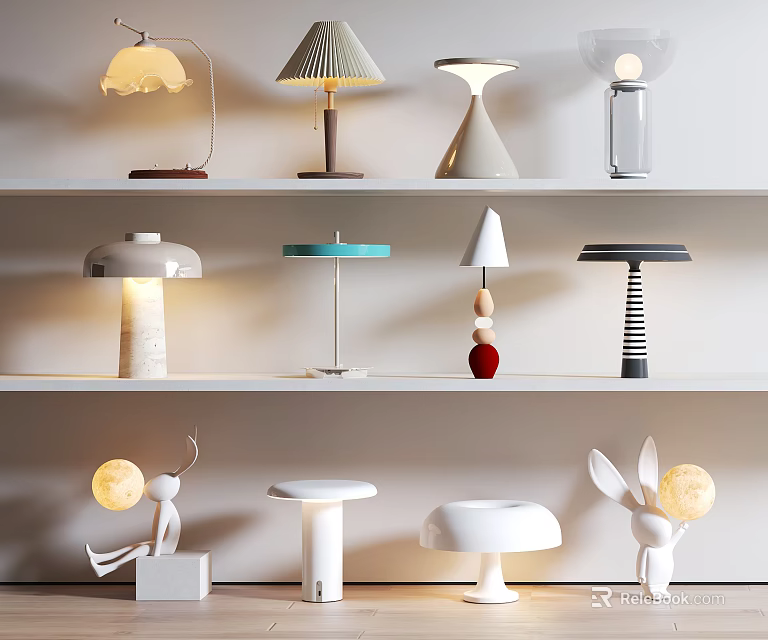 Various Modern Table Lamps With Unique Styles Shapes And Decorative Shelf 3d model 