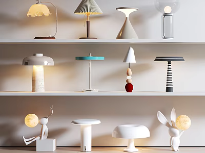 Various Modern Table Lamps With Unique Styles Shapes And Decorative Shelf 3d model