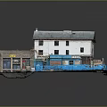 Detailed Two Story Building Model With White Walls Gray Roof Storefronts Windows And Doors