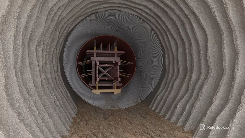 Tunnel Construction Site With Circular Boring Equipment And Concrete Tunnel Walls 3d model 