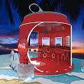 Red Coca-Cola Kiosk With Polar Bears On Beach At Sunset With Ice Blocks
