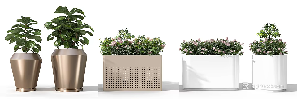 Decorative Potted Plants With Perforated Planters Different Colors Green Leaves Pink Flowers 3d model 