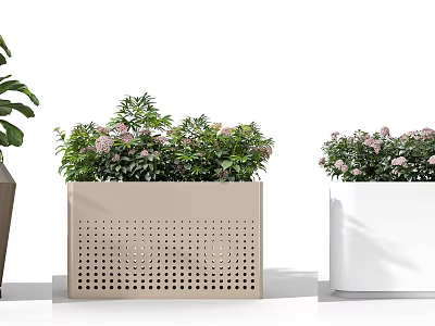 Decorative Potted Plants With Perforated Planters Different Colors Green Leaves Pink Flowers 3d model