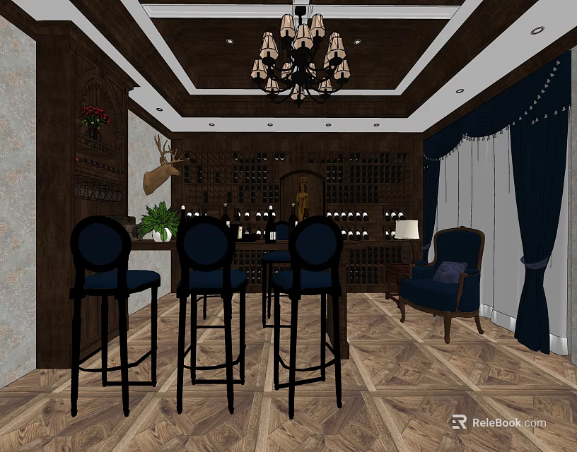 Cozy Wine Cellar With Wooden Racks Multiple Wine Bottles Chandelier Bar Stools And Leather Armchair 3d model 