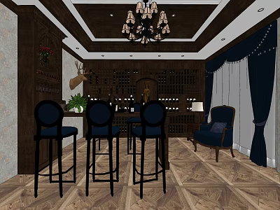 Cozy Wine Cellar With Wooden Racks Multiple Wine Bottles Chandelier Bar Stools And Leather Armchair 3d model