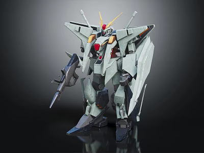 Mecha Robot Character Figure With Gray Armor Yellow Antenna Red Details And Weapon 3d model