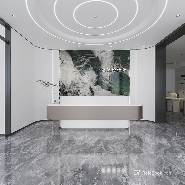Modern Reception Area Interior With Marble Desk Circular Lighting And Artistic Backdrop 3d model