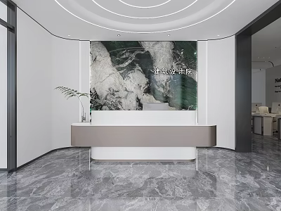 Modern Reception Area Interior With Marble Desk Circular Lighting And Artistic Backdrop 3d model