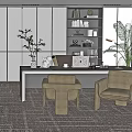 Modern Office Interior With Sofa Desk Bookshelf Plants Bright Windows And Carpet