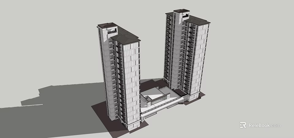 Modern Tall Building Architectural Model With Connected Exterior Design And Windows 3d model 