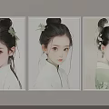 Traditional Female Portrait Paintings With Bun Hairstyle Green Leaf Decorations And Framed Traditional Clothing