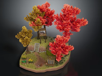 Cartoon Autumn Scene with Red and Yellow Trees Small House Path and Flower Bed 3d model