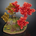 Cartoon Autumn Scene with Red and Yellow Trees Small House Path and Flower Bed
