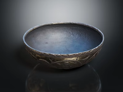 Elegant Vintage Metal Bowl With Intricate Carved Patterns And Blueish Interior Design 3d model
